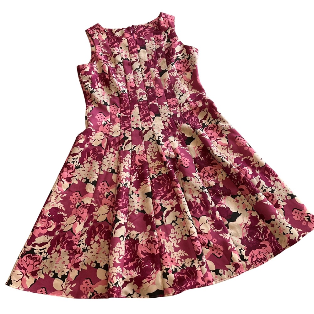 Koret Floral Fit & Flare Dress Womens 12 Pink Pleated Sleeveless Knee Length